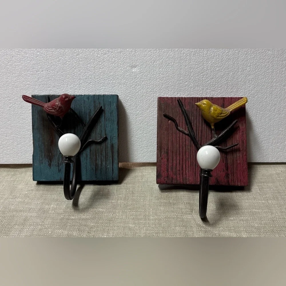 Rustic Bird Wall Hooks - Blue and Red